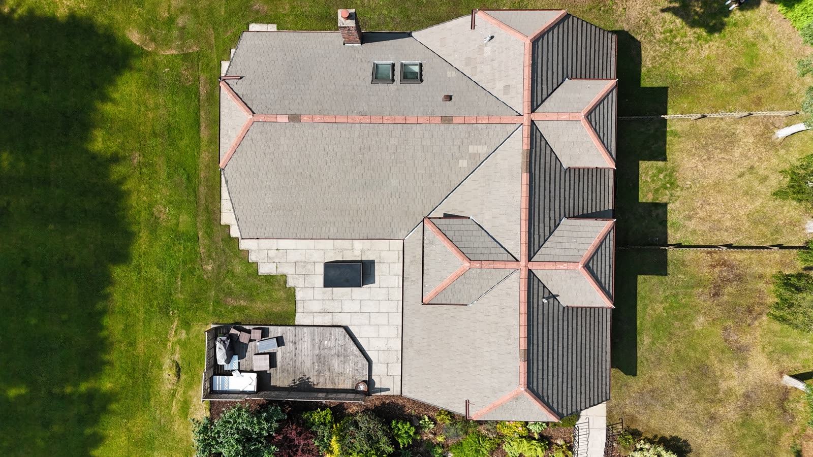 Top-down drone view of a cleaned Aberdeen roof