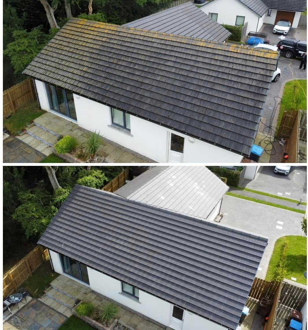 Roof cleaning before and after on an Aberdeen tiled roof