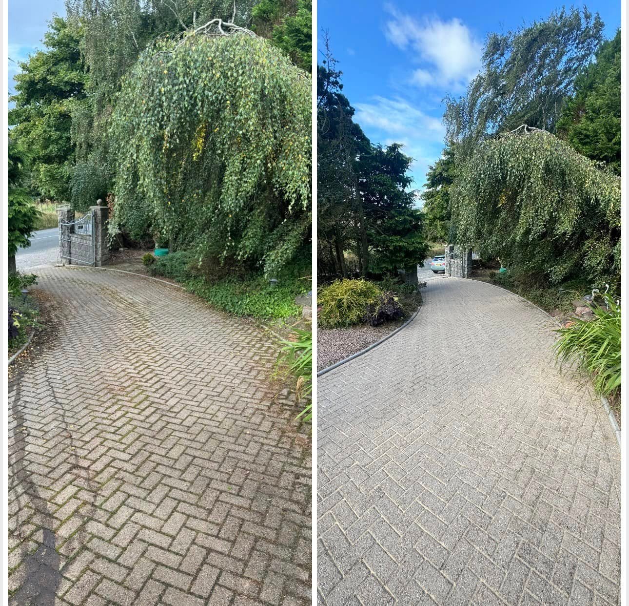 Block-paved driveway before and after pressure washing in Aberdeen