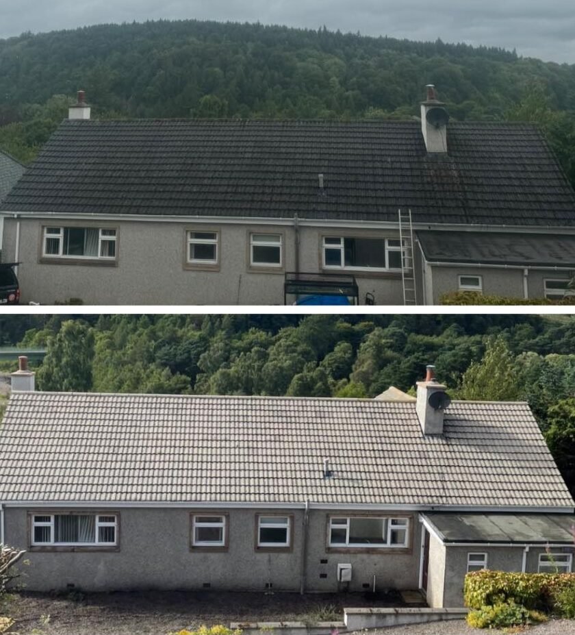 Bungalow roof before and after moss removal in Aberdeen