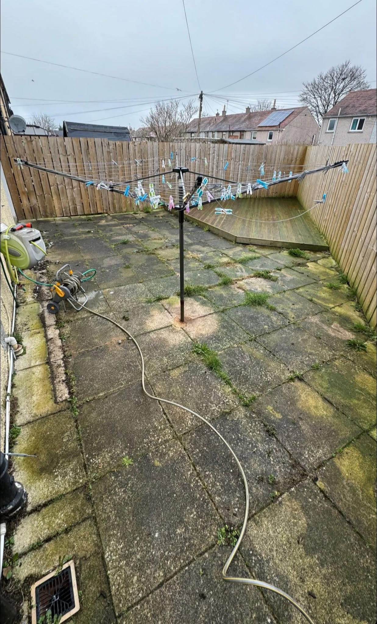 Algae-covered patio slabs before pressure washing