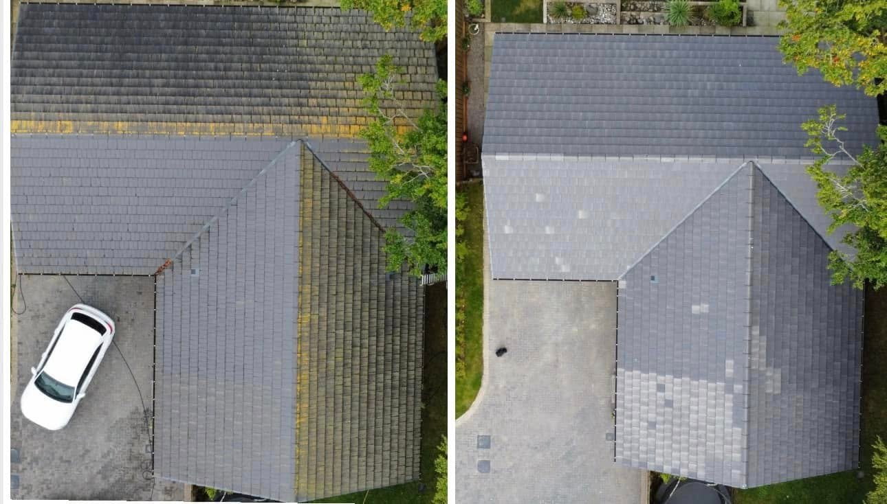 Aerial view of an Aberdeen roof part-way through cleaning
