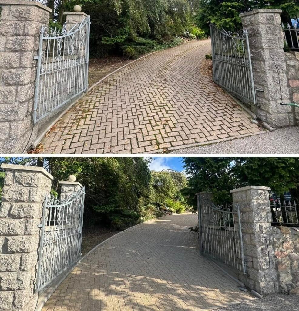 before and after of a lock - block driveway clean
